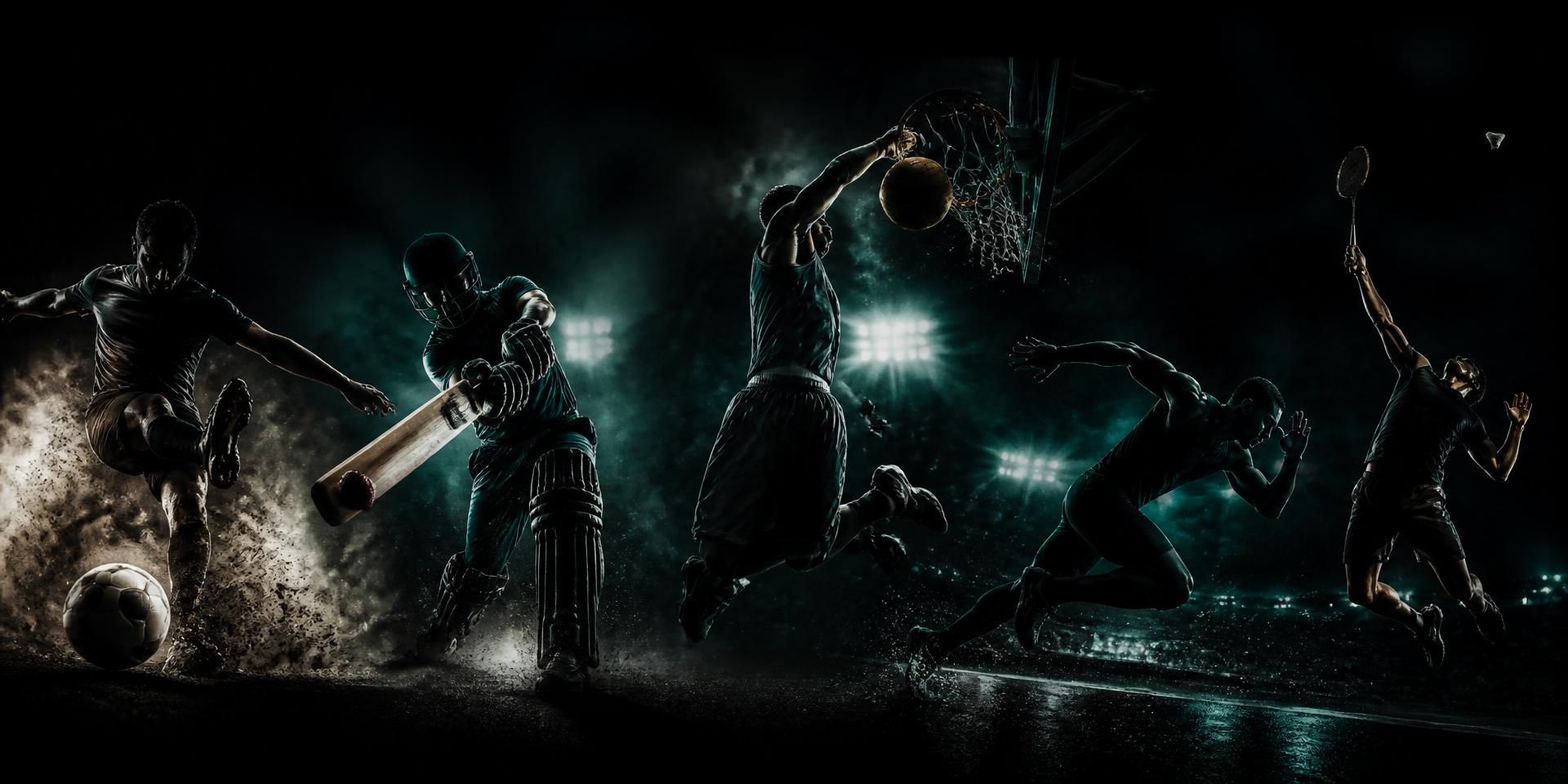 Multi-sport action montage — football, cricket, basketball, athletics, badminton
